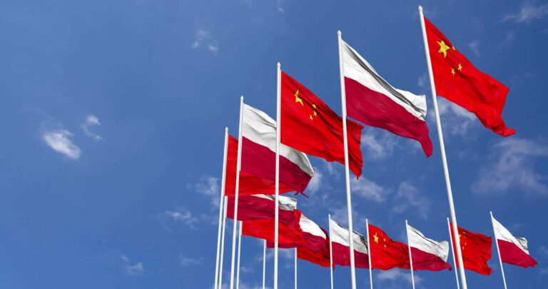 poland and china flags waving together in the sky seamless loop in wind space on left side for design or information 3d rendering free video 768x405